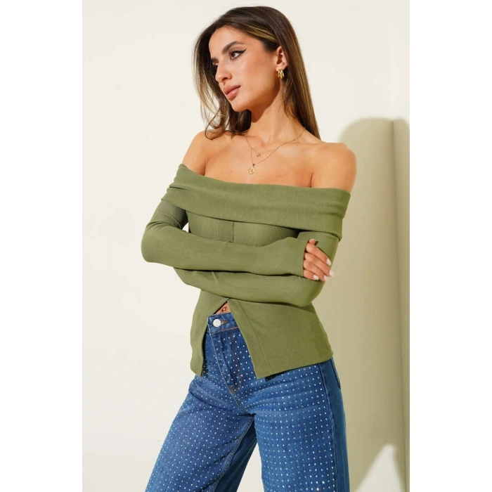 petite ateiler Madonna Yaka Düğmeli Bluz yeşil t4329