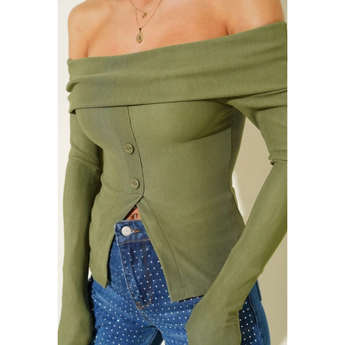 petite ateiler Madonna Yaka Düğmeli Bluz yeşil t4329