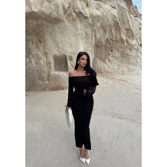 petite ateiler Madonna yaka esnek kumaş elbise siyah