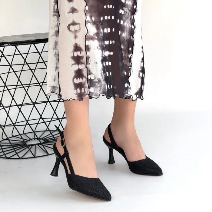 petite ateiler Minde Siyah Cilt Simli Topuklu Ayakkabı