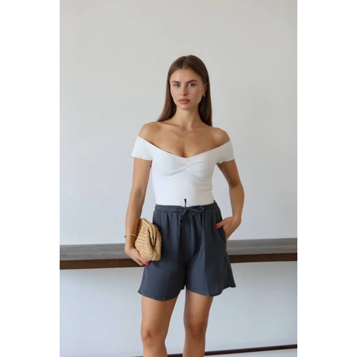 petite ateiler Müslin kumaş şort bağcıklı antrasit pt