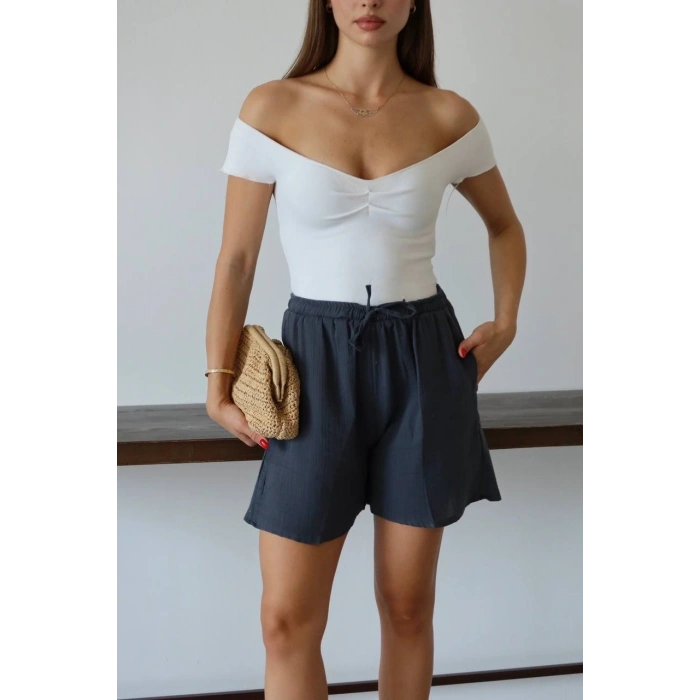petite ateiler Müslin kumaş şort bağcıklı antrasit pt