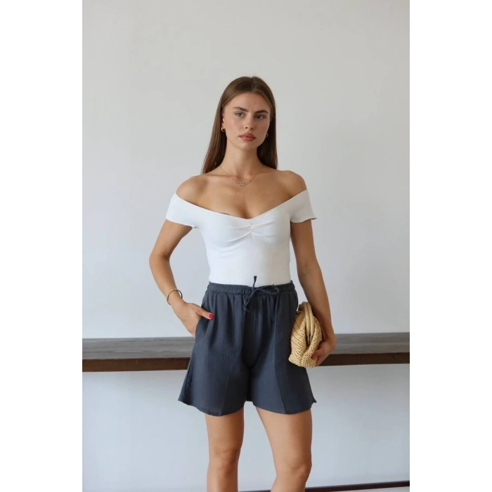 petite ateiler Müslin kumaş şort bağcıklı antrasit pt