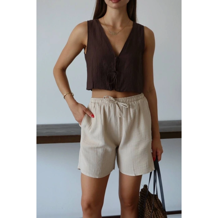 petite ateiler Müslin kumaş şort bağcıklı bej pt