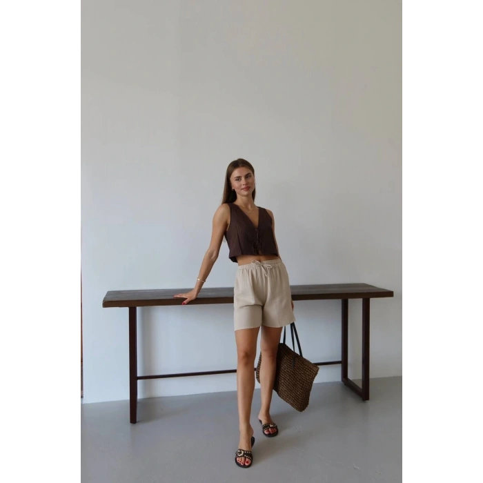 petite ateiler Müslin kumaş şort bağcıklı bej pt