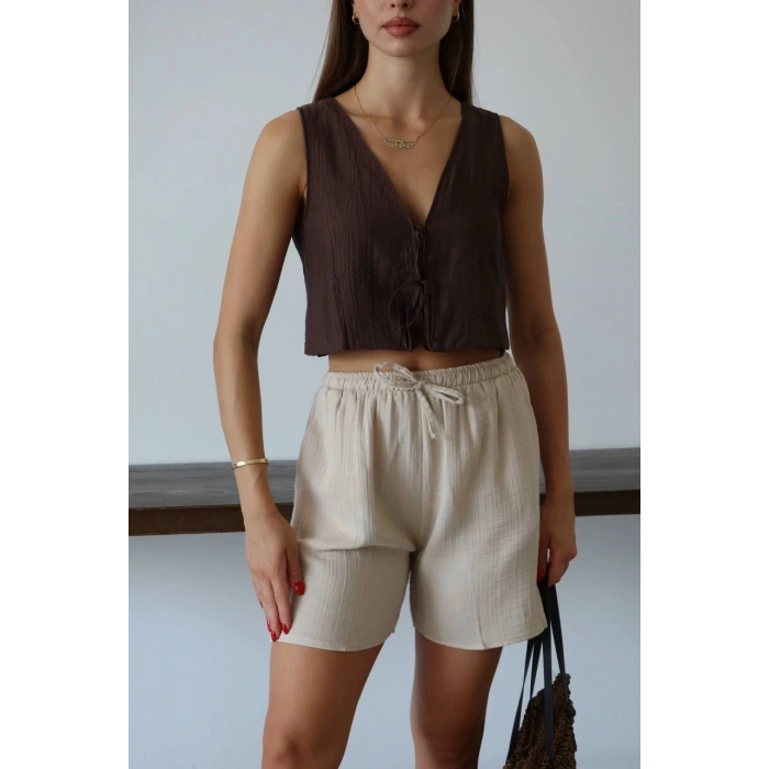 petite ateiler Müslin kumaş şort bağcıklı bej pt