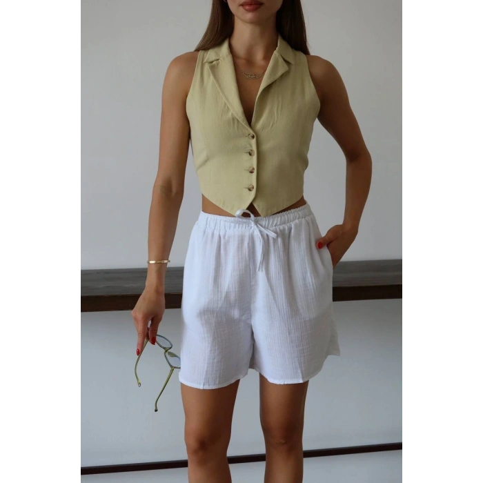 petite ateiler Müslin kumaş şort bağcıklı beyaz pt
