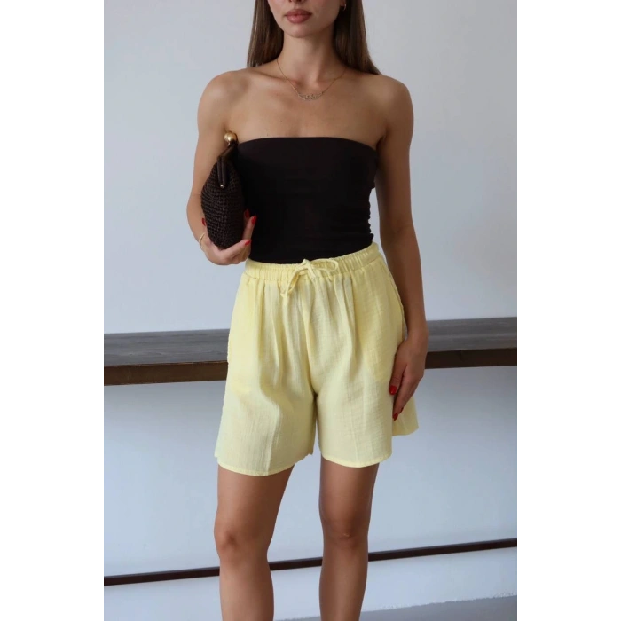 petite ateiler Müslin kumaş şort bağcıklı sarı pt
