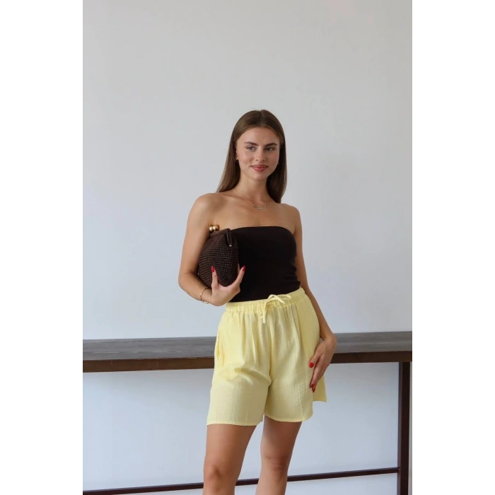 petite ateiler Müslin kumaş şort bağcıklı sarı pt