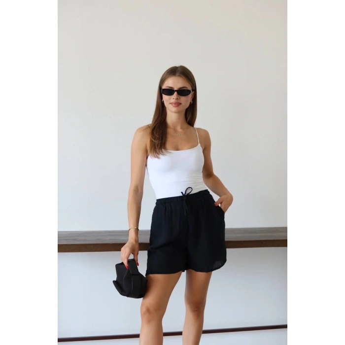 petite ateiler Müslin kumaş şort bağcıklı siyah pt