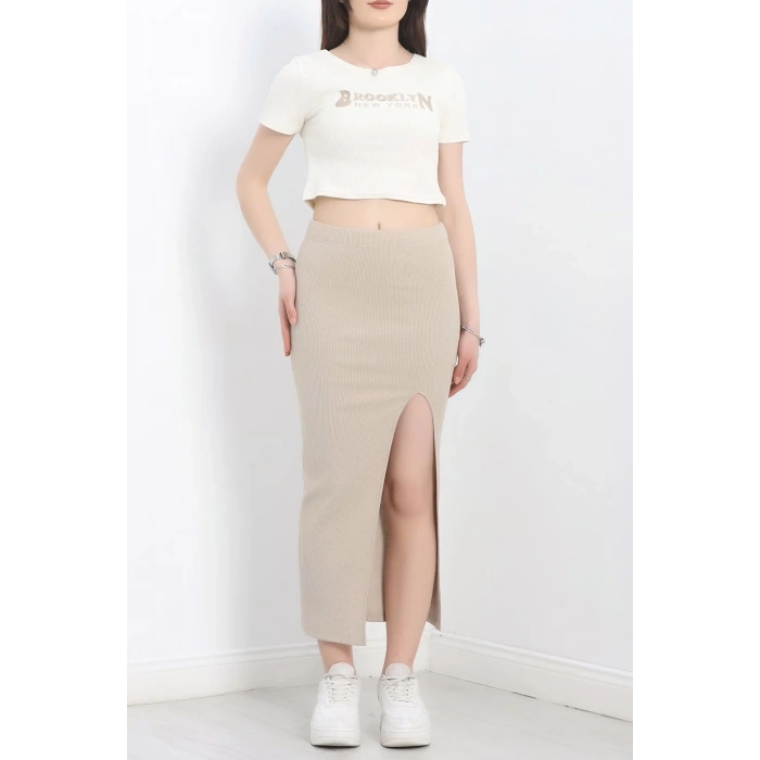 petite ateiler Nakışlı etekli takım bej beyaz s3899