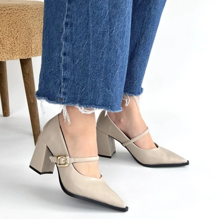 petite ateiler Nıvra Bej Cilt Topuklu Ayakkabı