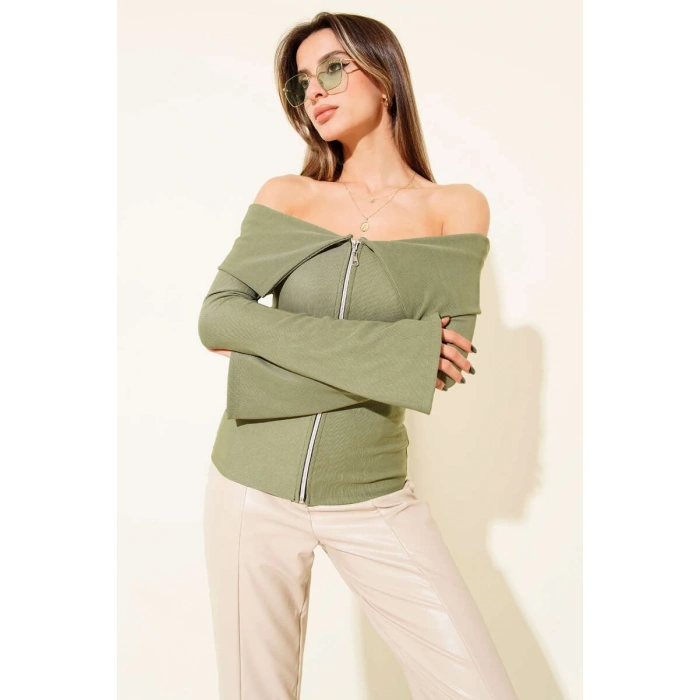 petite ateiler Omzu Açık Fermuarlı Bluz haki T4330