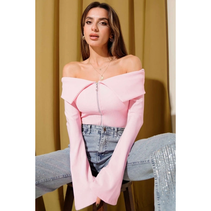 petite ateiler Omzu Açık Fermuarlı Bluz pembe T4330