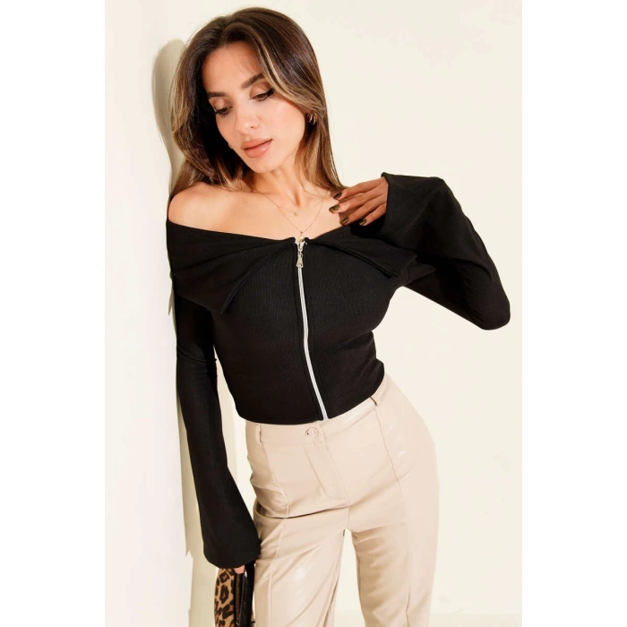 petite ateiler Omzu Açık Fermuarlı Bluz siyah T4330