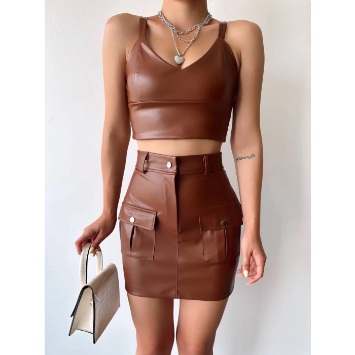 petite ateiler Önden iki cepli deri etek kahve h240040