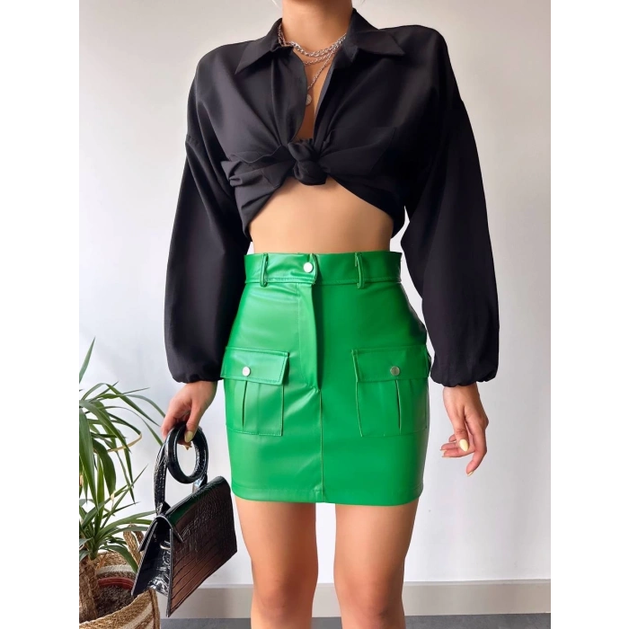 petite ateiler Önden iki cepli deri etek yeşil h240040