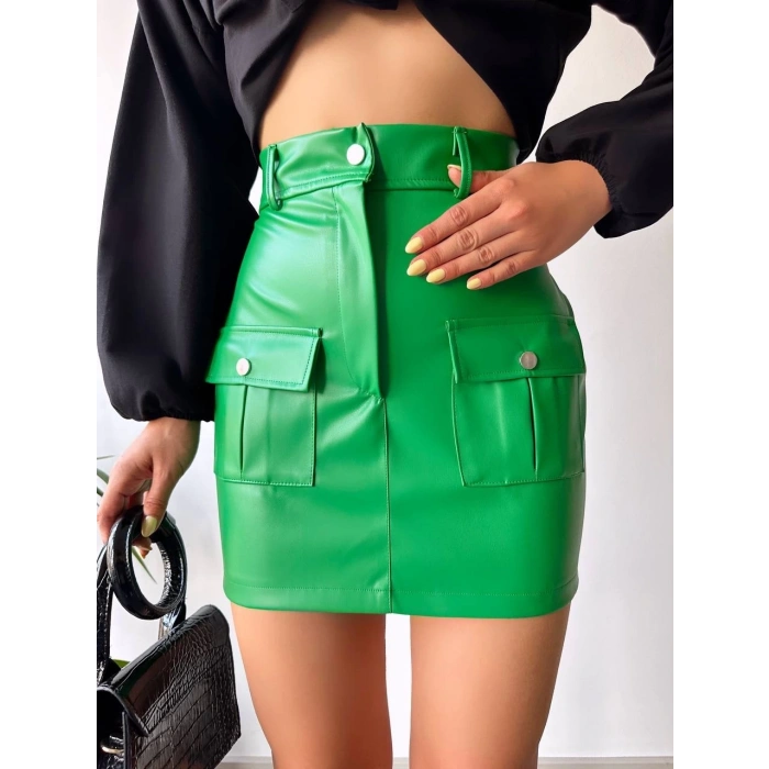 petite ateiler Önden iki cepli deri etek yeşil h240040