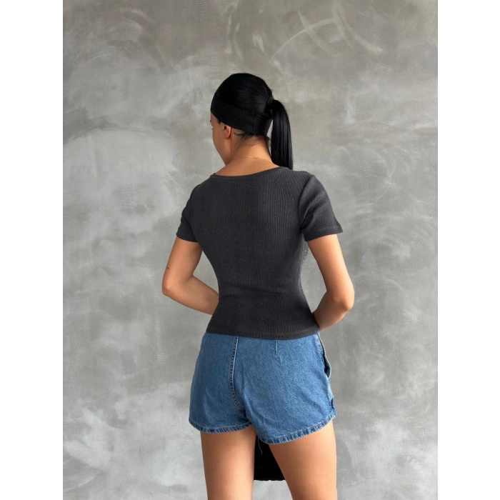 petite ateiler Önü taşlı antrasit bluz s3512