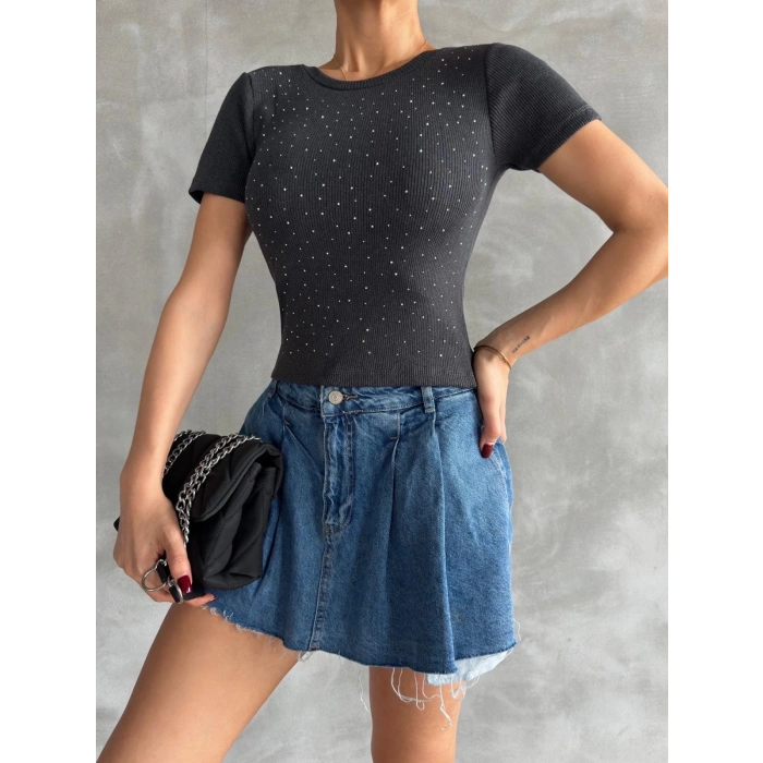 petite ateiler Önü taşlı antrasit bluz s3512