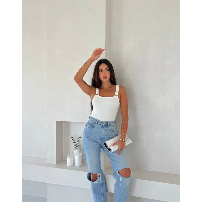 petite ateiler Ottoman toka askılı bluz beyaz s4194