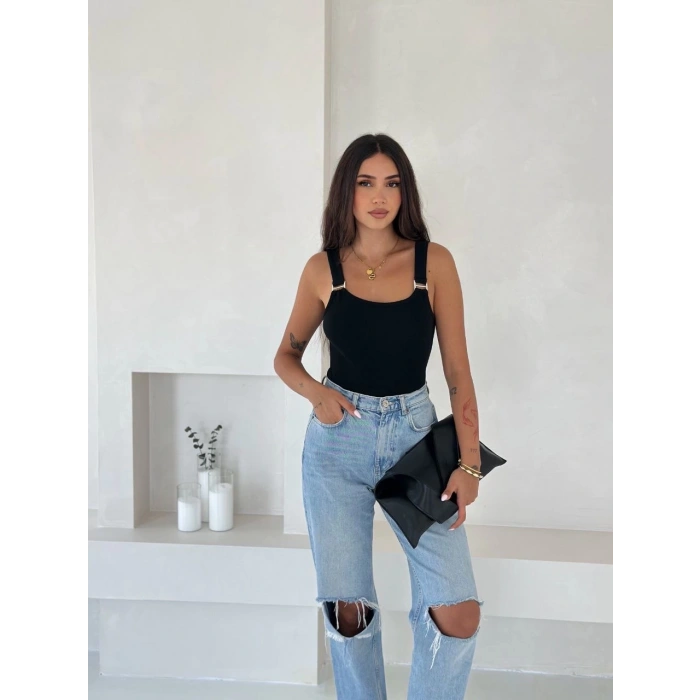 petite ateiler Ottoman toka askılı bluz siyah s4194