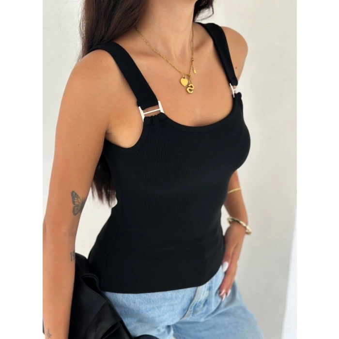 petite ateiler Ottoman toka askılı bluz siyah s4194