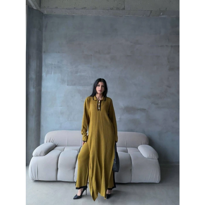 petite ateiler Pantolon yırtmaçlı elbise ikili triko takım yeşil elf