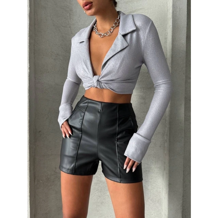 petite ateiler Parçalı cepli deri şort siyah w26312