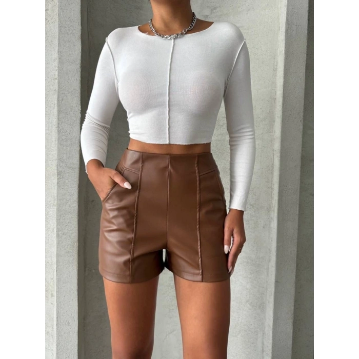 petite ateiler Parçalı cepli deri şort taba w26312