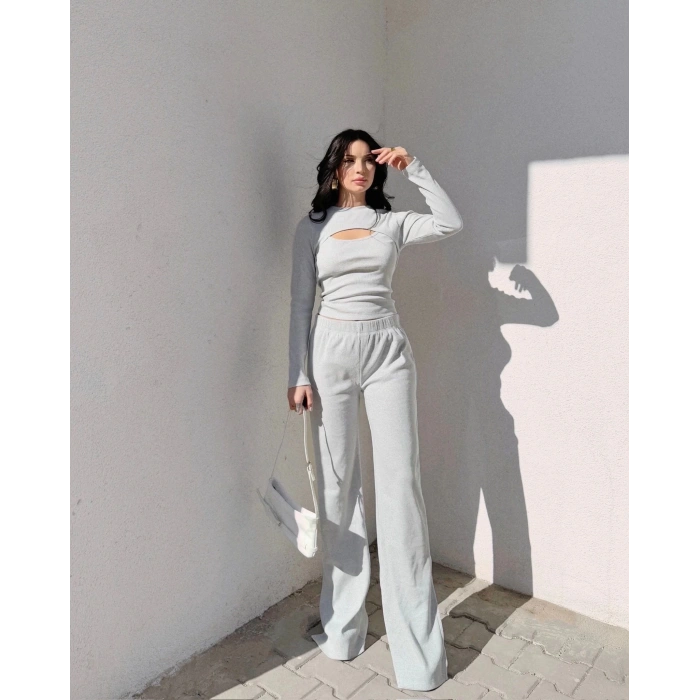 petite ateiler Pencereli detaylı alt üst takım gri w3864