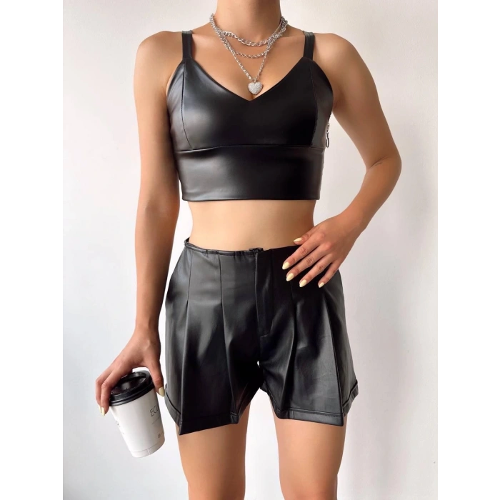 petite ateiler Pileli deri şort siyah h240053