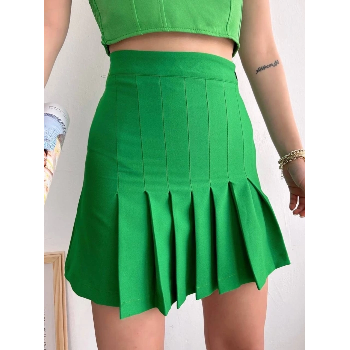 petite ateiler Pileli düğmeli etek açık yeşil s24811