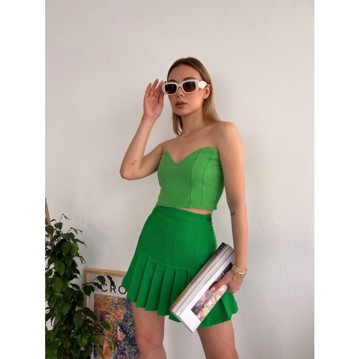 petite ateiler Pileli düğmeli etek açık yeşil s24811