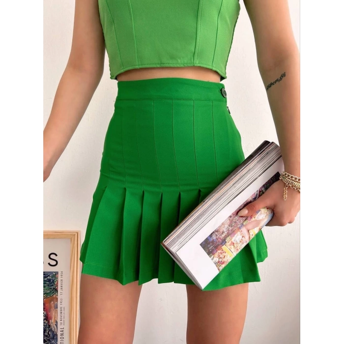 petite ateiler Pileli düğmeli etek açık yeşil s24811