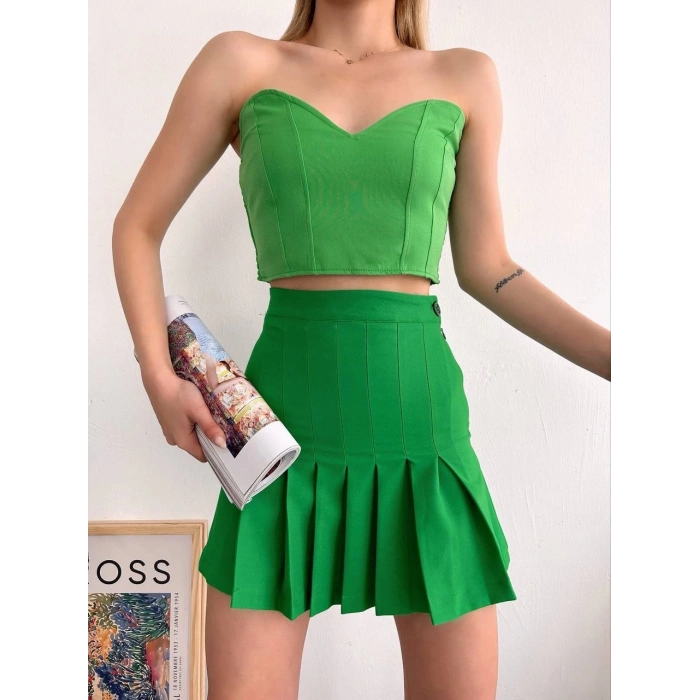 petite ateiler Pileli düğmeli etek açık yeşil s24811