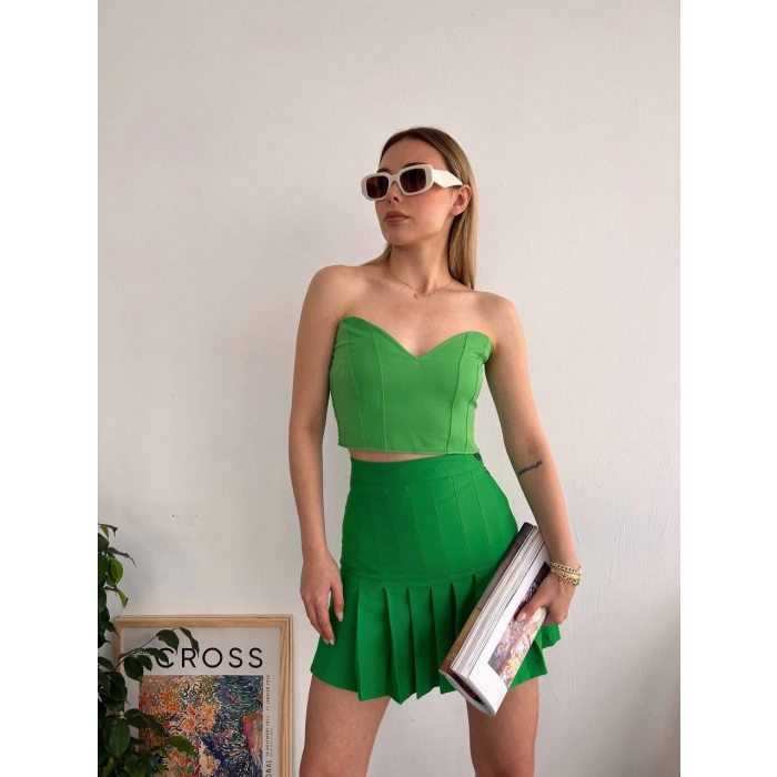 petite ateiler Pileli düğmeli etek açık yeşil s24811