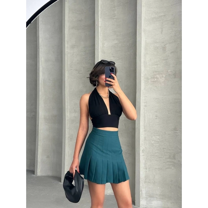 petite ateiler Pileli düğmeli etek yeşil s24811