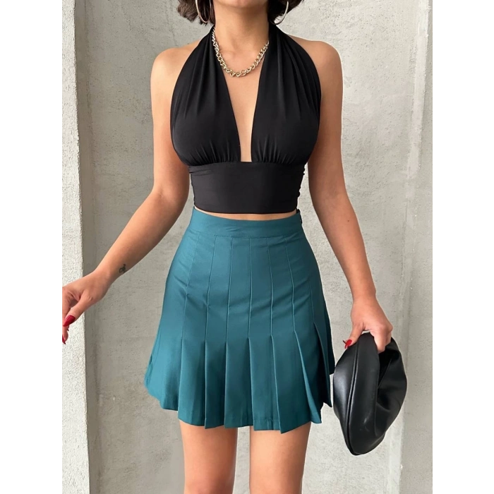 petite ateiler Pileli düğmeli etek yeşil s24811