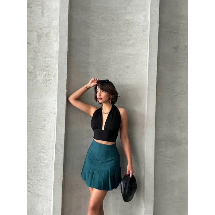 petite ateiler Pileli düğmeli etek yeşil s24811