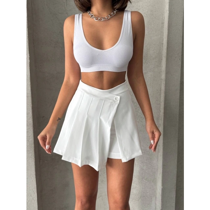 petite ateiler Piliseli düğmeli şort etek beyaz s25813