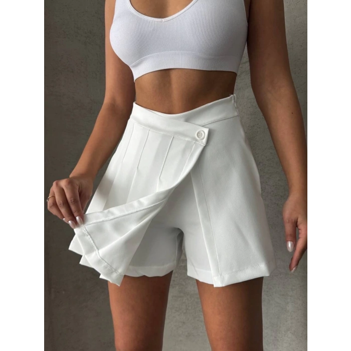 petite ateiler Piliseli düğmeli şort etek beyaz s25813