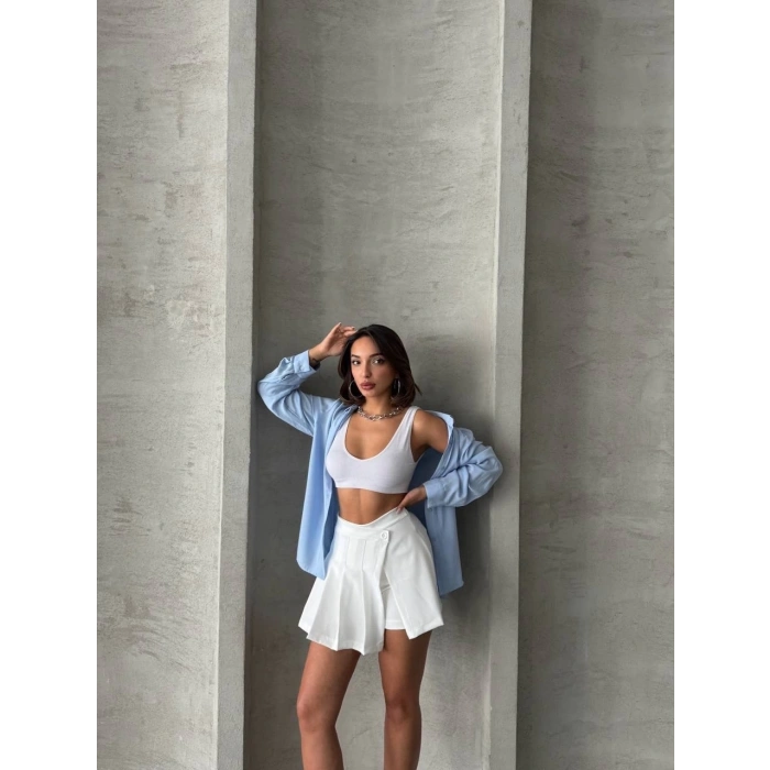 petite ateiler Piliseli düğmeli şort etek beyaz s25813