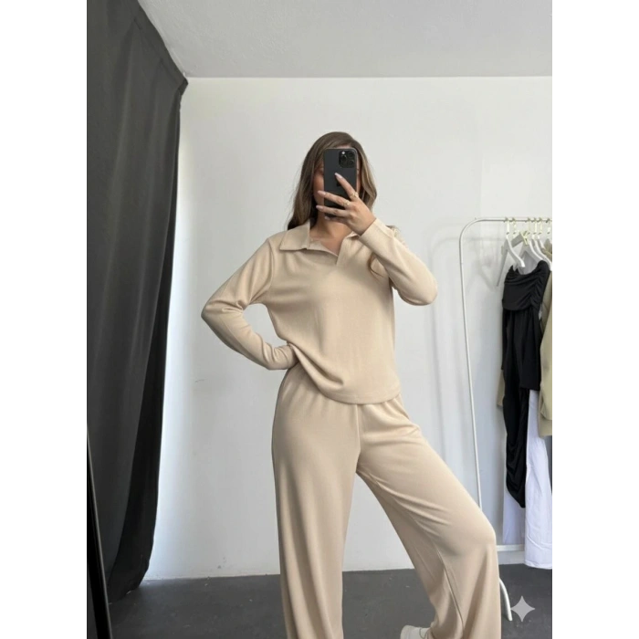 petite ateiler Polo yaka alt üst kollu modal takım bej pt