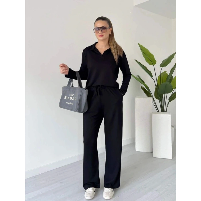 petite ateiler Polo yaka alt üst kollu modal takım siyah pt