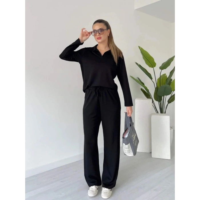petite ateiler Polo yaka alt üst kollu modal takım siyah pt