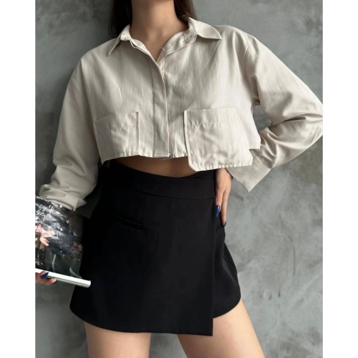 petite ateiler Poplin crop gömlek bej s3060