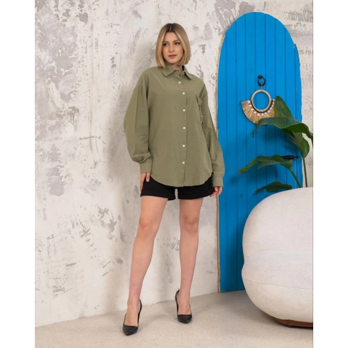 petite ateiler Relax fit keten gömlek haki s255349