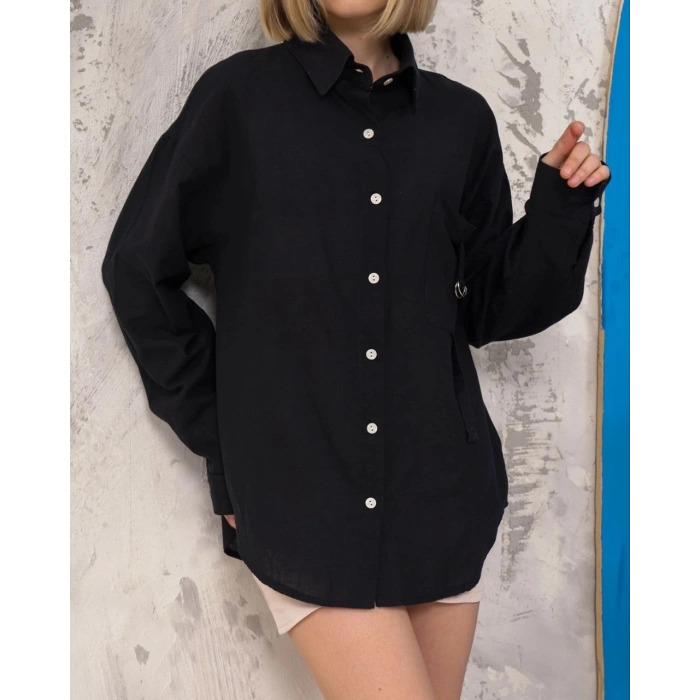 petite ateiler Relax fit keten gömlek siyah s255349