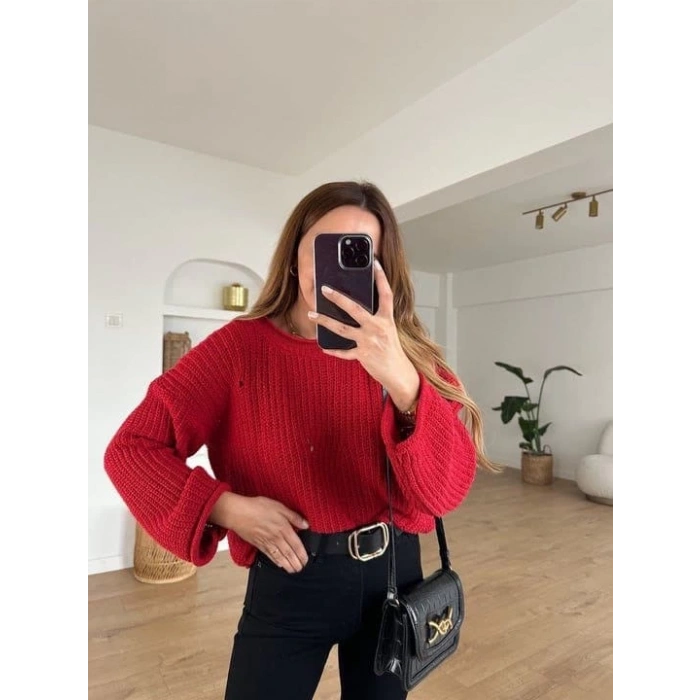 petite ateiler Salaş delik detaylı kazak kırmızı